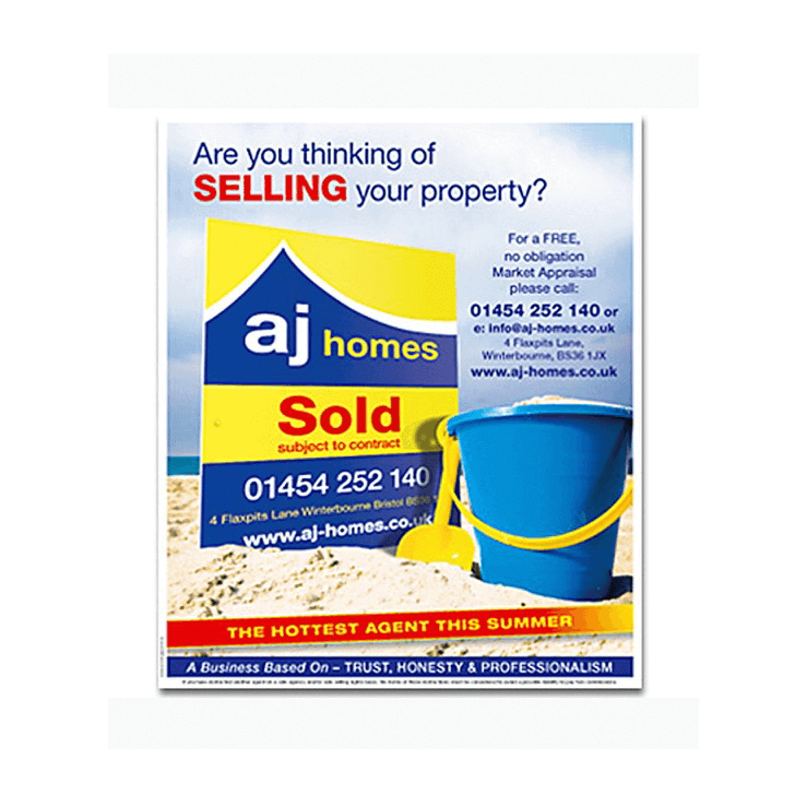 Sold board, buckets and spades, estate agent leaflet design