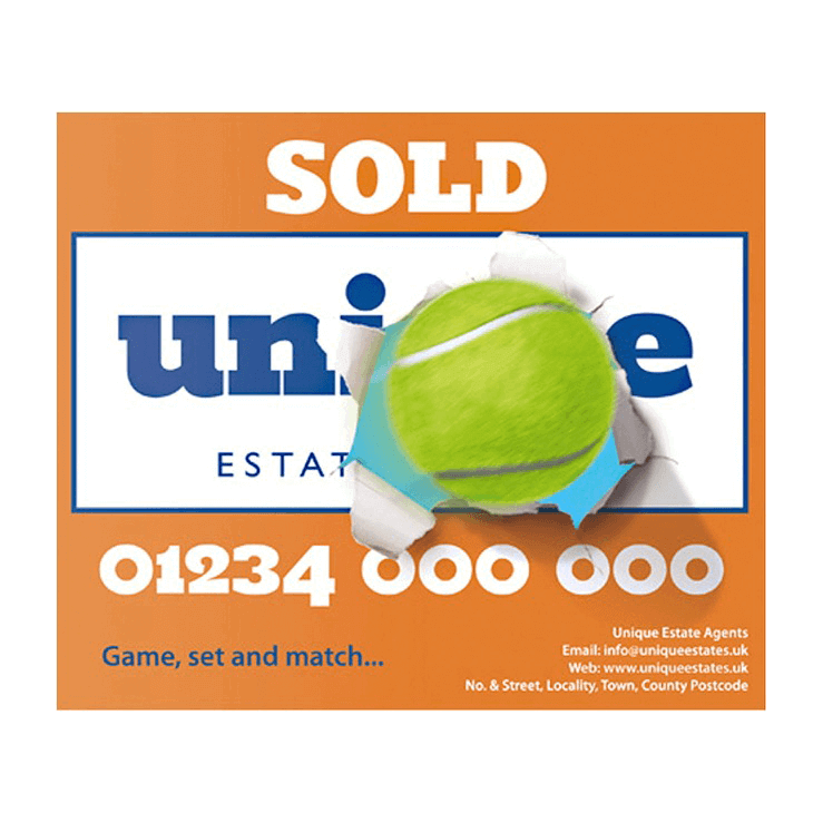 Tennis ball breaking through estate agents board