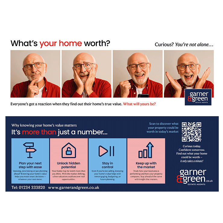 Standout estate agent leaflet using expressive reactions to promote home valuations.