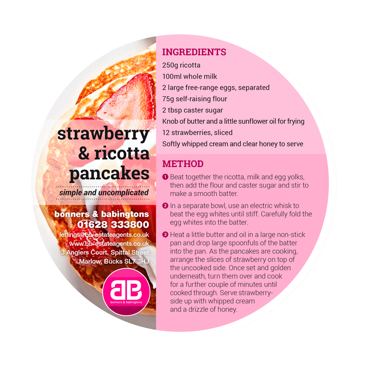 Strawberry & ricotta pancakes recipe on a round leaflet