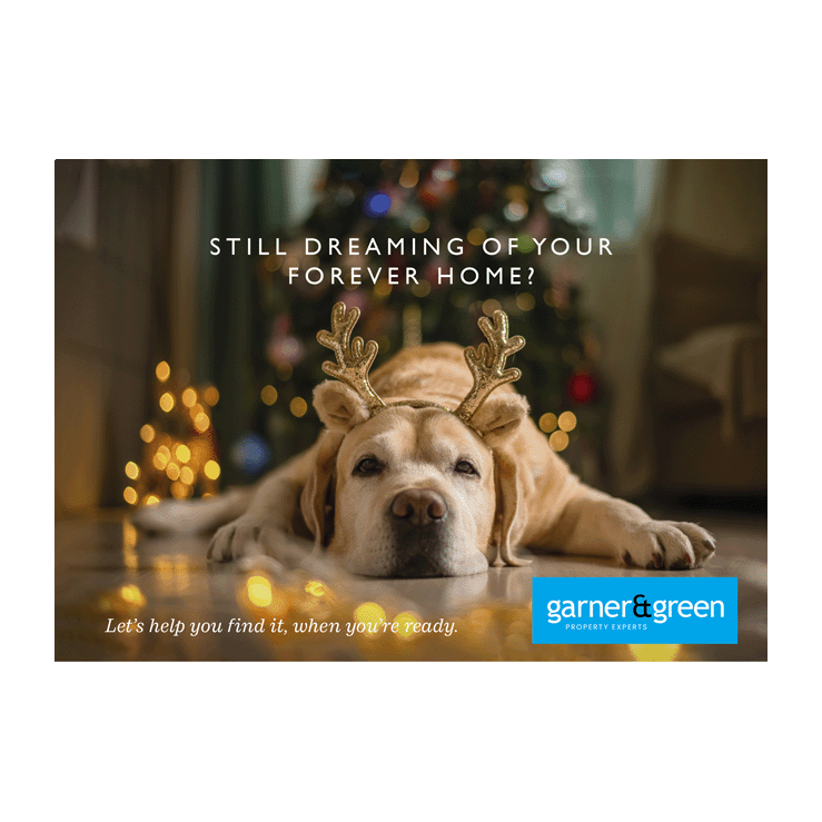 Golden labrador wearing reindeer antlers lying down in front of a Christmas tree