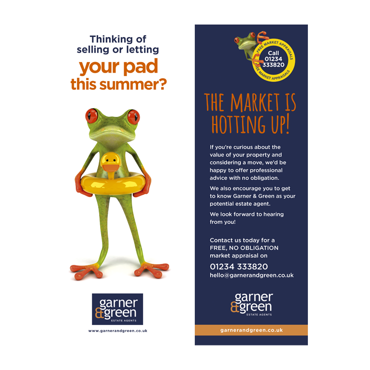 Frog-themed summer estate agent leaflet 