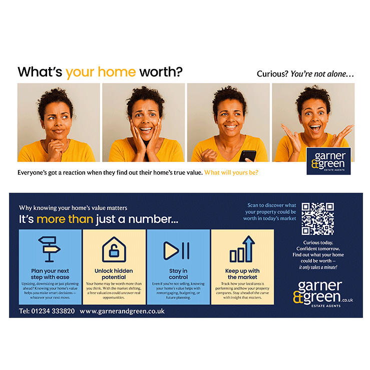 Standout estate agent leaflet using expressive reactions to promote home valuations.