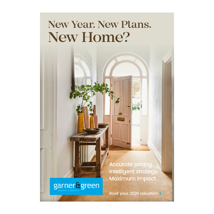 Estate agent leaflet showing a sunlit hallway and open front door as part of sa New Year 2026 campaign.